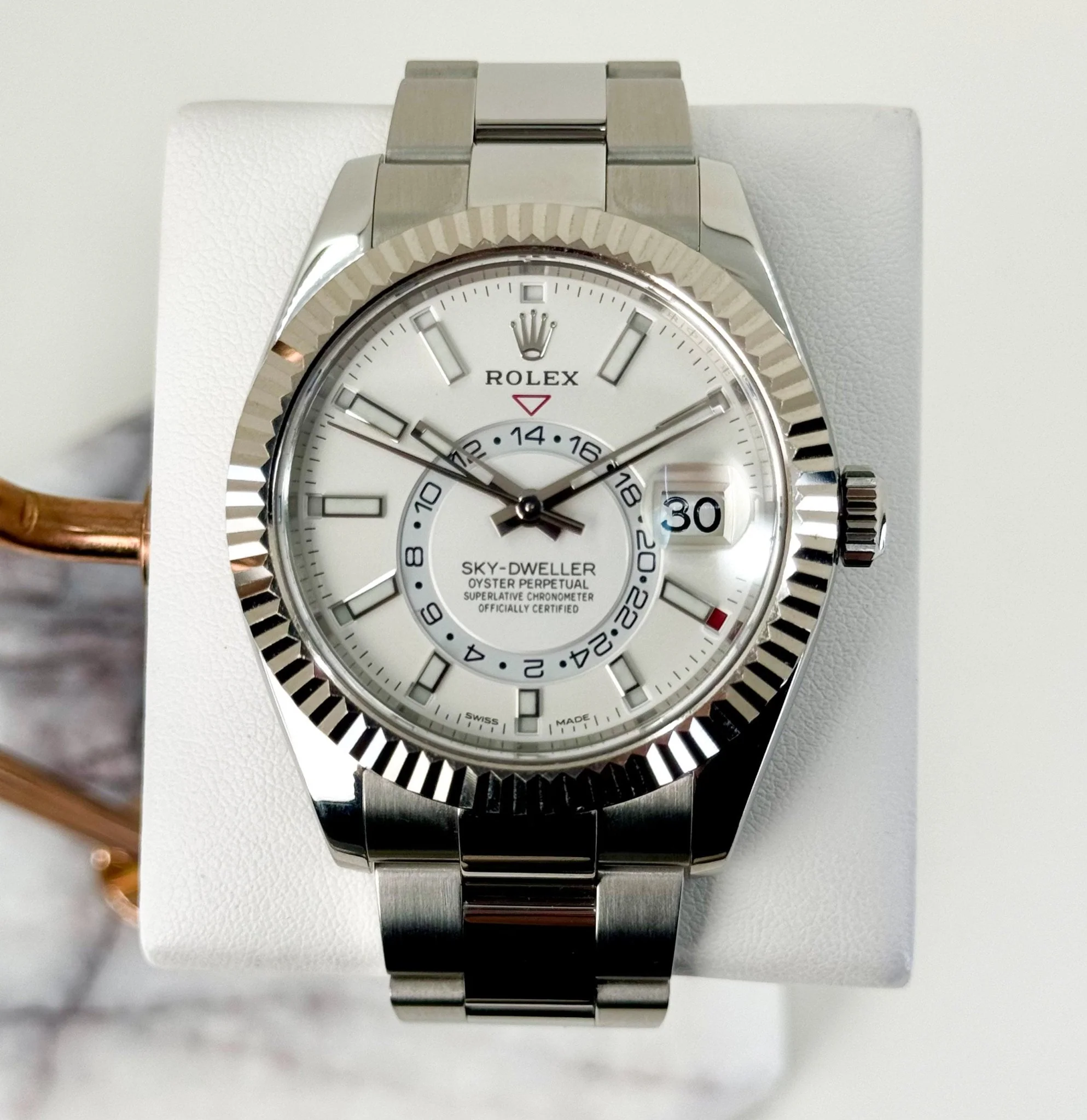 Rolex Sky-Dweller Stainless Steel White Index Dial Fluted White Gold Bezel Oyster Bracelet 326934 - Image 2