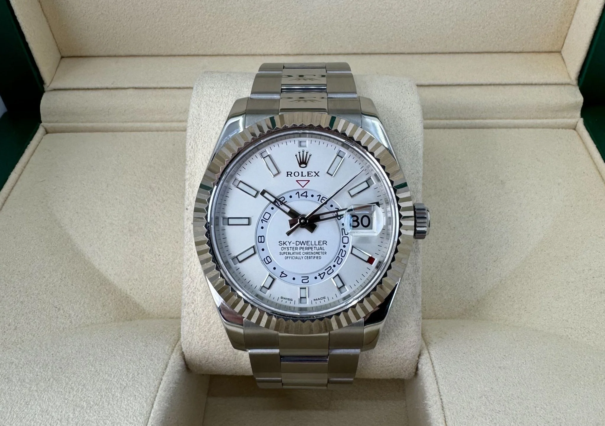 Rolex Sky-Dweller Stainless Steel White Index Dial Fluted White Gold Bezel Oyster Bracelet 326934 - Image 3