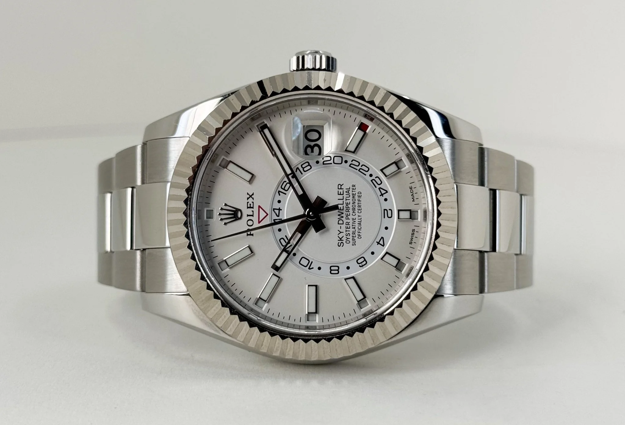 Rolex Sky-Dweller Stainless Steel White Index Dial Fluted White Gold Bezel Oyster Bracelet 326934 - Image 5