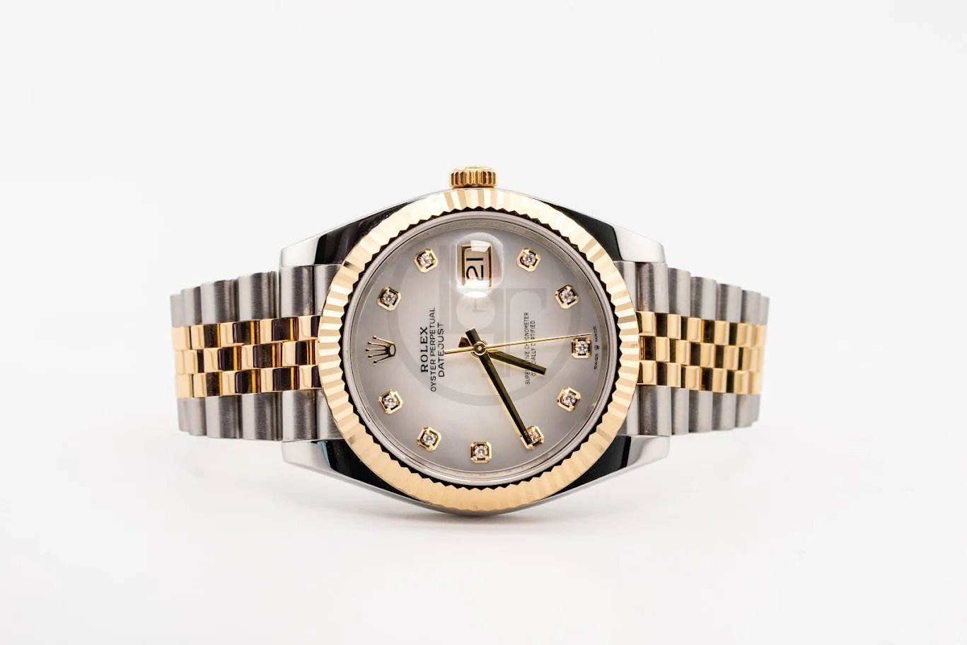 Rolex Steel and Yellow Gold Rolesor Datejust 41 Watch - Fluted Bezel - White Mother-Of-Pearl Diamond Dial - Jubilee Bracelet - 126333 mdj - Image 2