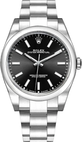 Rolex Steel Oyster Perpetual 39 Watch - Domed Bezel - Black Index Dial - 114300