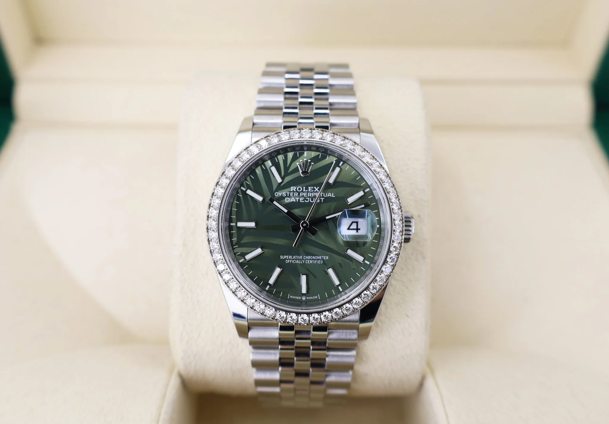 Rolex White Rolesor Datejust 36 Watch - Diamond Bezel - Olive Green Palm Motif Index 6 Dial - Jubilee Bracelet - 126284rbr ogpmij - Image 2
