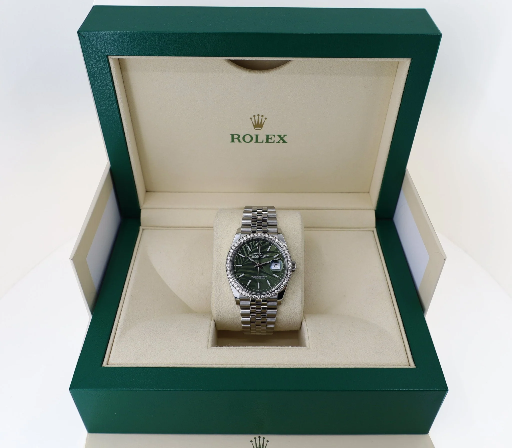 Rolex White Rolesor Datejust 36 Watch - Diamond Bezel - Olive Green Palm Motif Index 6 Dial - Jubilee Bracelet - 126284rbr ogpmij - Image 3