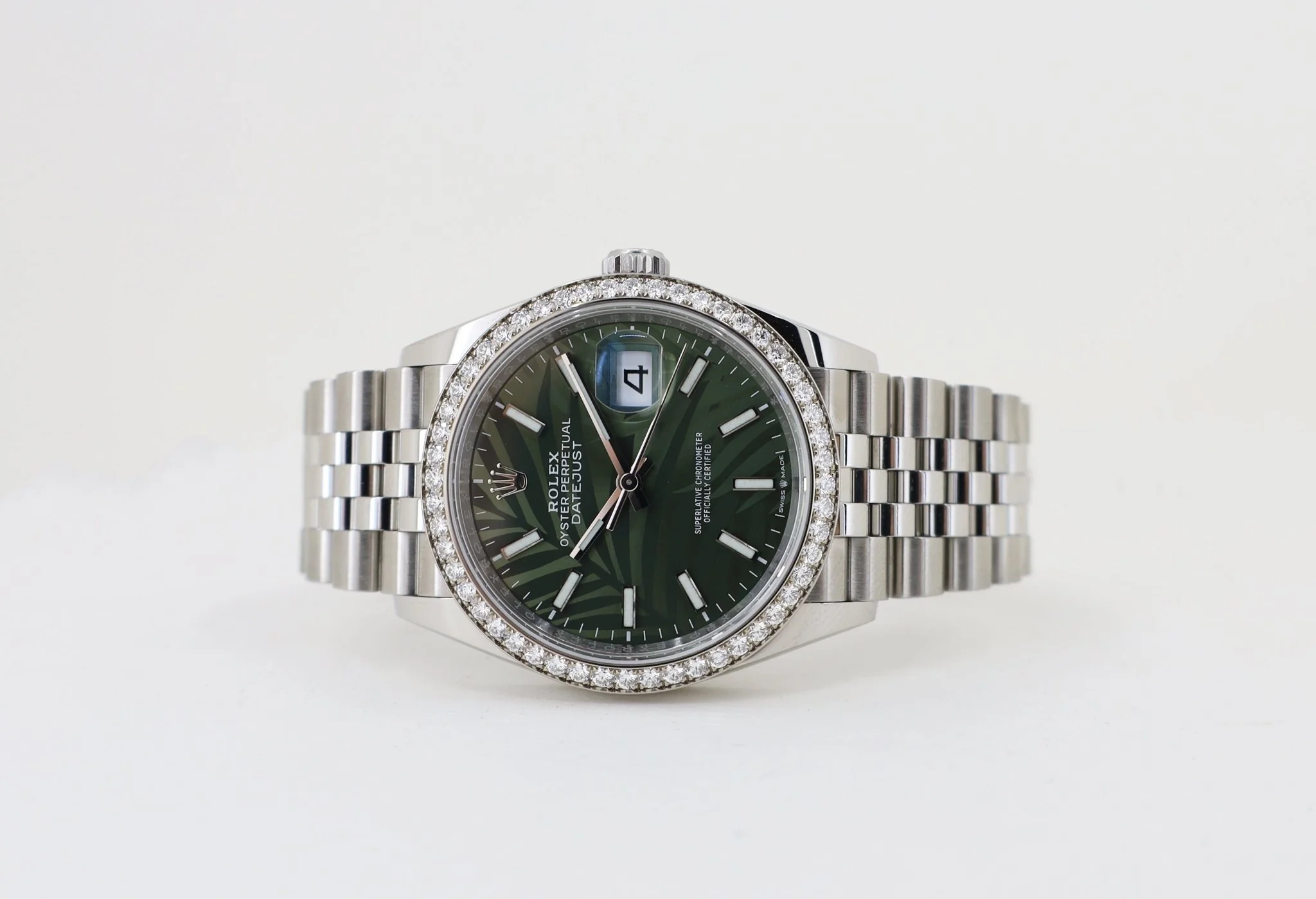 Rolex White Rolesor Datejust 36 Watch - Diamond Bezel - Olive Green Palm Motif Index 6 Dial - Jubilee Bracelet - 126284rbr ogpmij - Image 4
