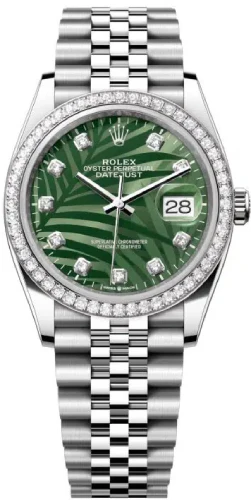 Rolex White Rolesor Datejust 36 Watch - Fluted Bezel - Olive Green Palm Motif Diamond 6 Dial - Jubilee Bracelet - 126234RBR