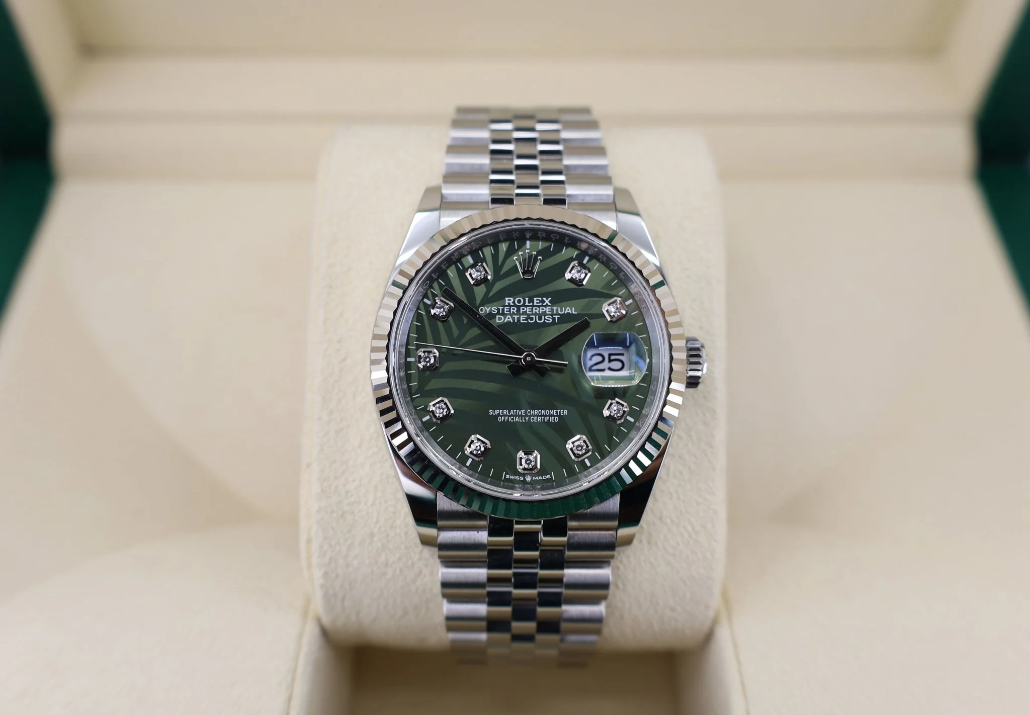 Rolex White Rolesor Datejust 36 Watch - Fluted Bezel - Olive Green Palm Motif Diamond 6 Dial - Jubilee Bracelet - 126234RBR - Image 2