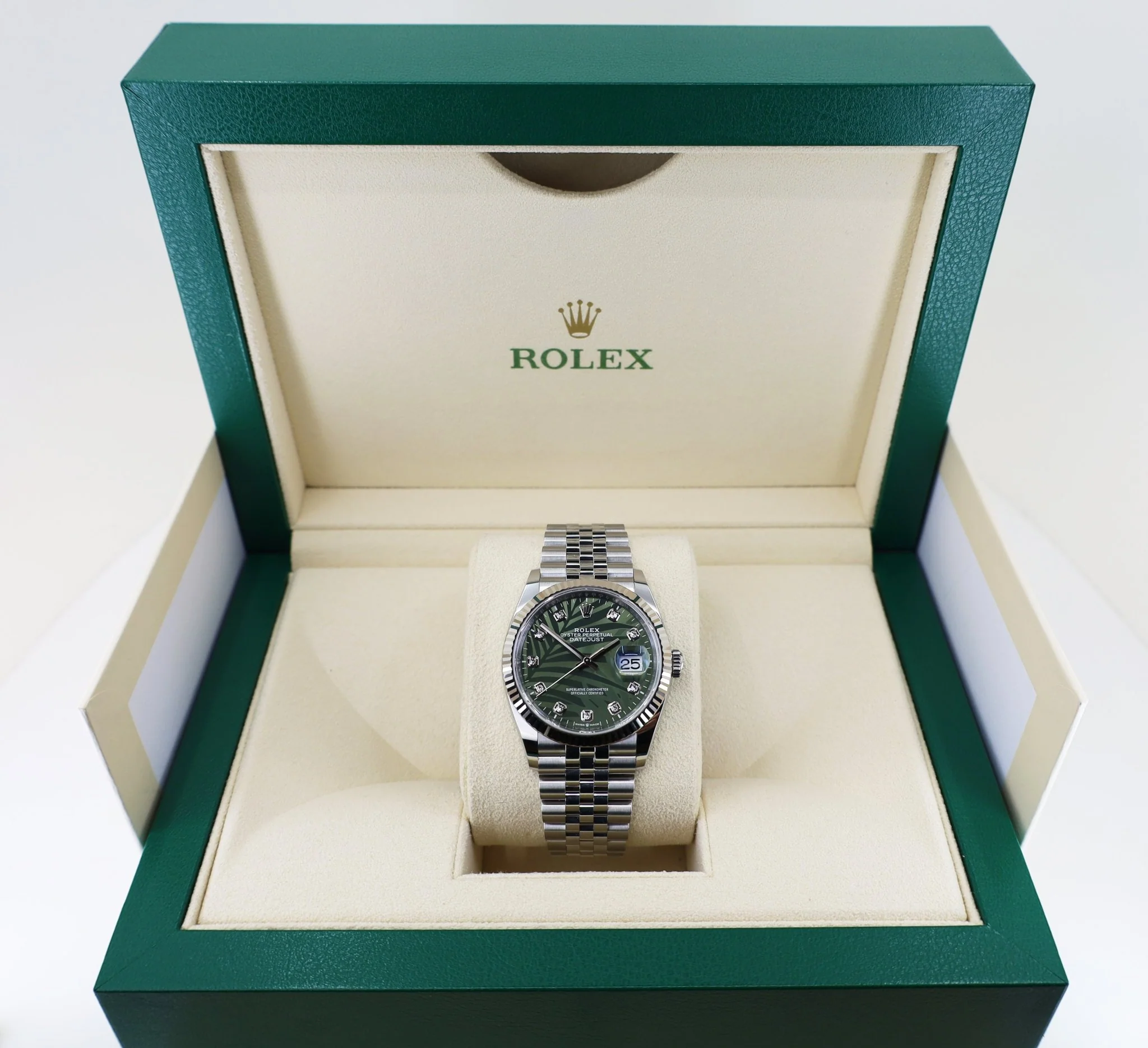 Rolex White Rolesor Datejust 36 Watch - Fluted Bezel - Olive Green Palm Motif Diamond 6 Dial - Jubilee Bracelet - 126234RBR - Image 3