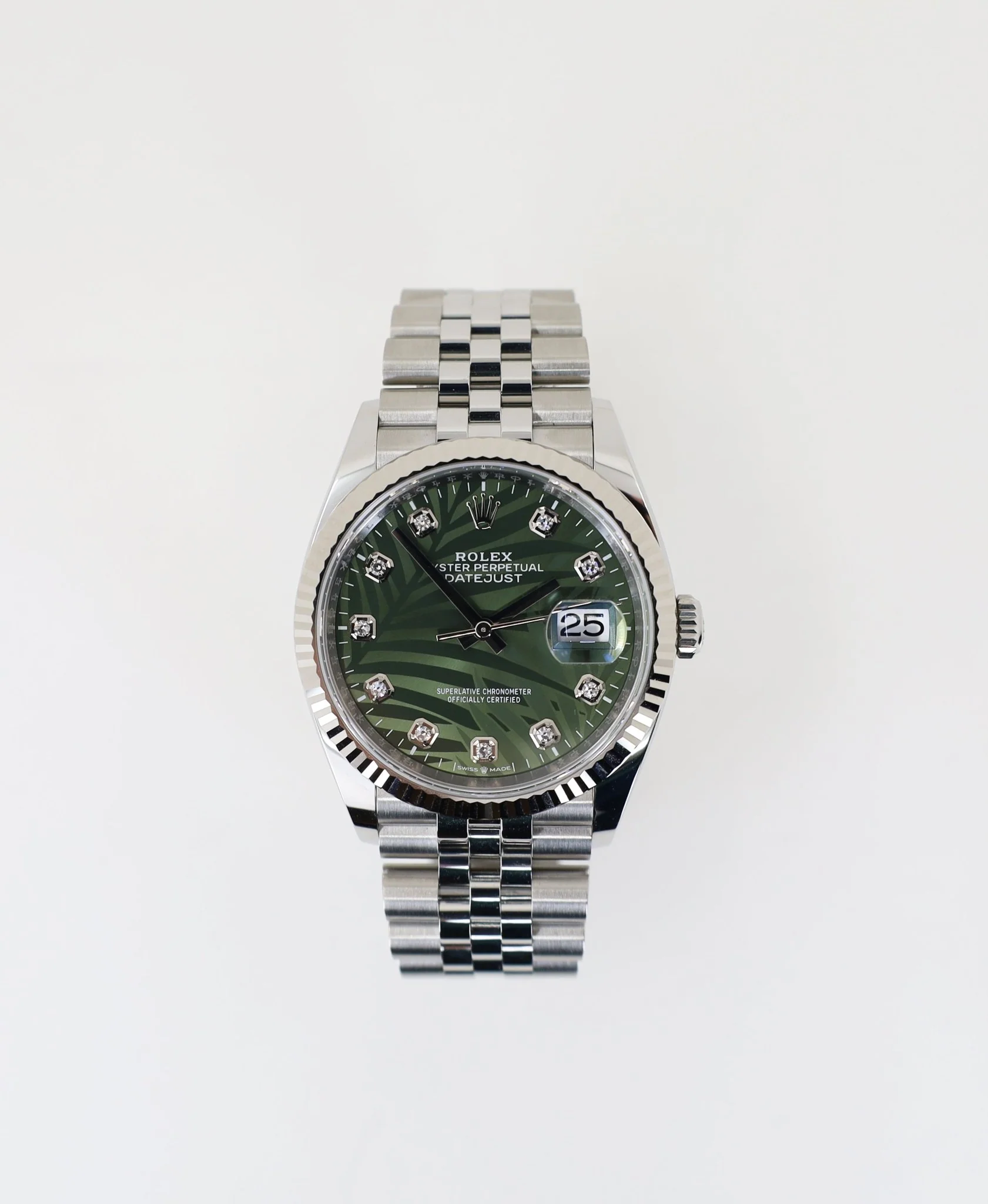 Rolex White Rolesor Datejust 36 Watch - Fluted Bezel - Olive Green Palm Motif Diamond 6 Dial - Jubilee Bracelet - 126234RBR - Image 4