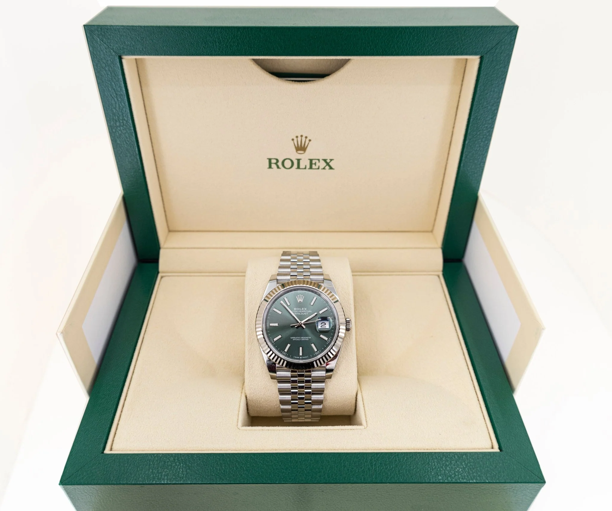 Rolex White Rolesor Datejust 41 Watch - Fluted Bezel - Mint Green Index Dial - Jubilee Bracelet - 126334 - Image 3