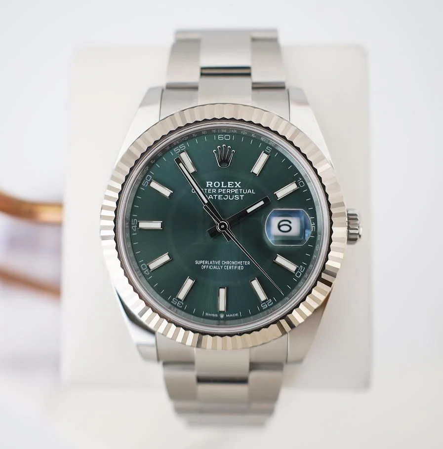 Rolex White Rolesor Datejust 41 Watch - Fluted Bezel - Mint Green Index Dial - Oyster Bracelet - 126334 - Image 2