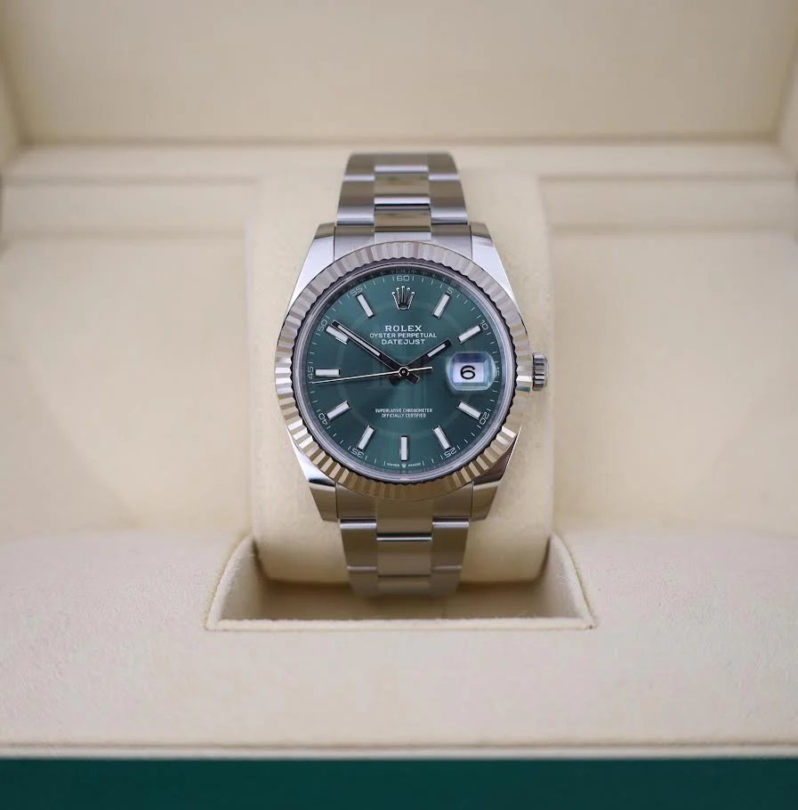 Rolex White Rolesor Datejust 41 Watch - Fluted Bezel - Mint Green Index Dial - Oyster Bracelet - 126334 - Image 3