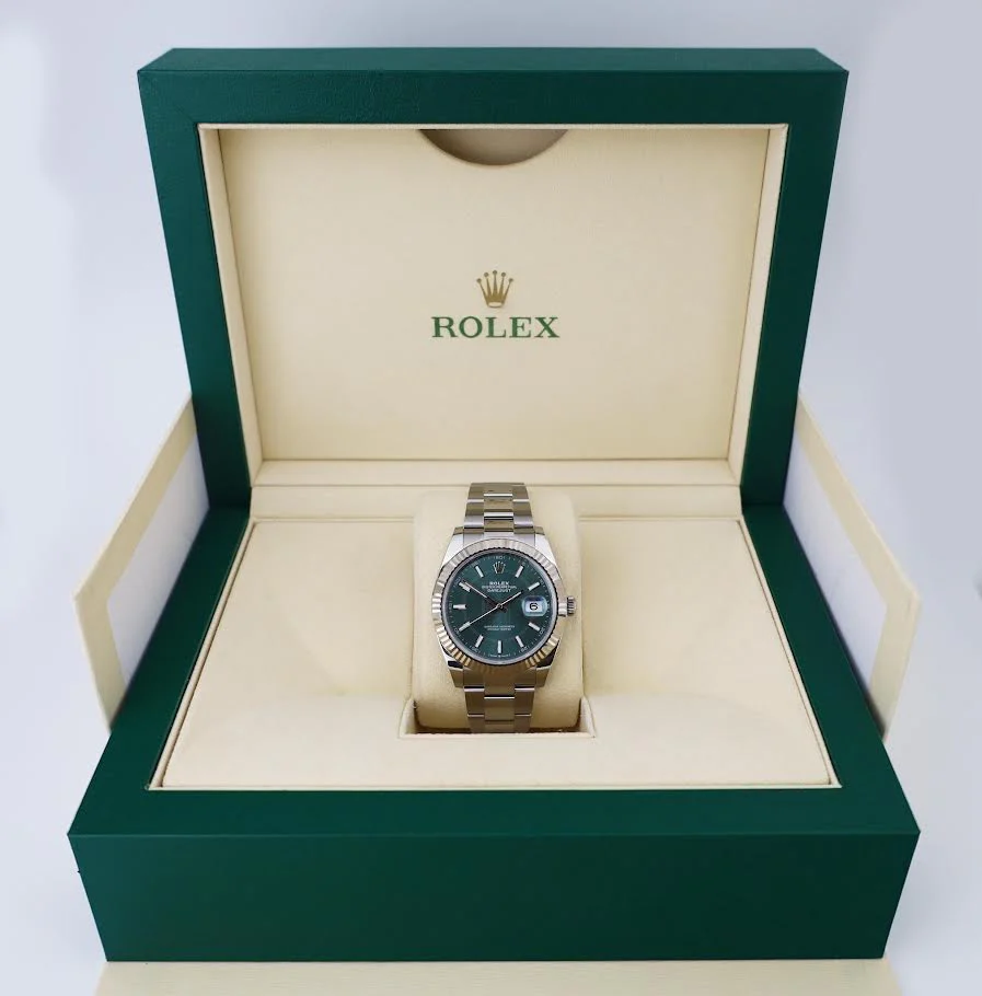 Rolex White Rolesor Datejust 41 Watch - Fluted Bezel - Mint Green Index Dial - Oyster Bracelet - 126334 - Image 4