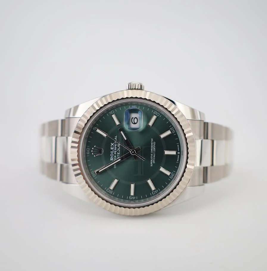 Rolex White Rolesor Datejust 41 Watch - Fluted Bezel - Mint Green Index Dial - Oyster Bracelet - 126334 - Image 5