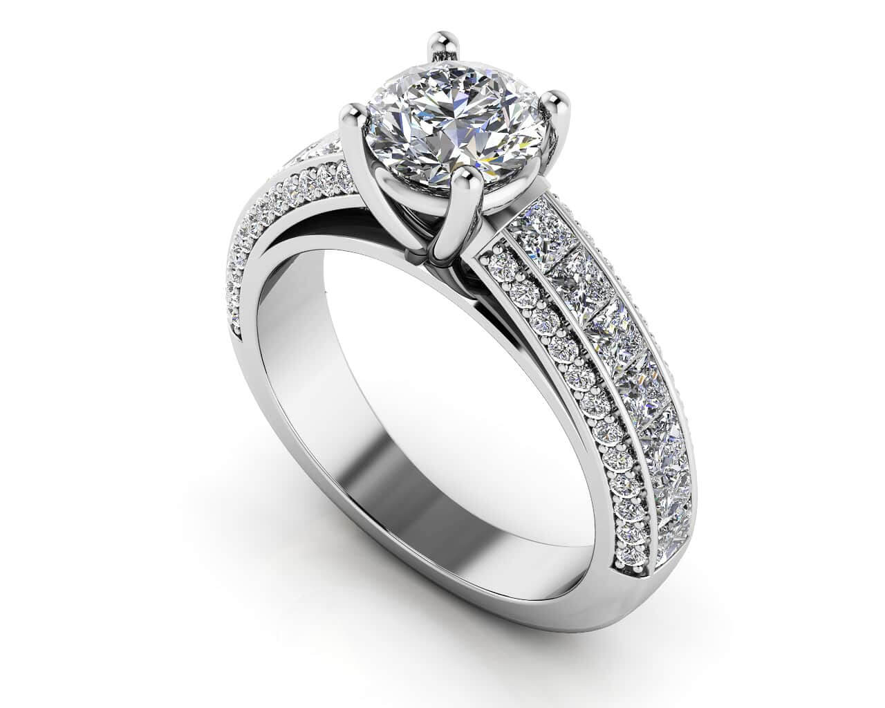 Round And Princess Cut Shank Lab-Grown Diamond Engagement Ring with 2.00 ct. (0.75 ct. center diamond)
