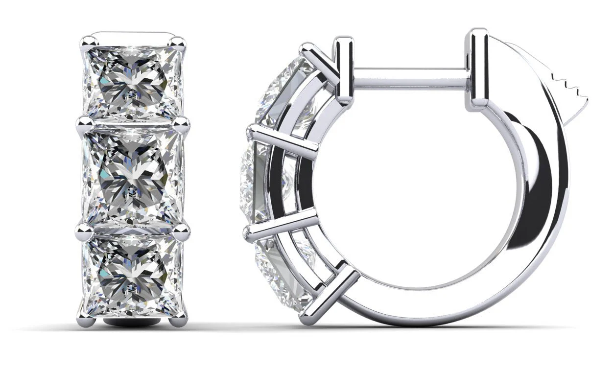 Six Stone Princess Cut Diamond Huggie Hoops Diamond with 2.40 ct.(finished) 4mm