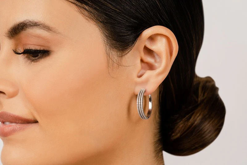 Small 3 Row Lab-Grown Diamond Hoop Earrings with 1.34 ct.(finished) 1.2mm - Image 3