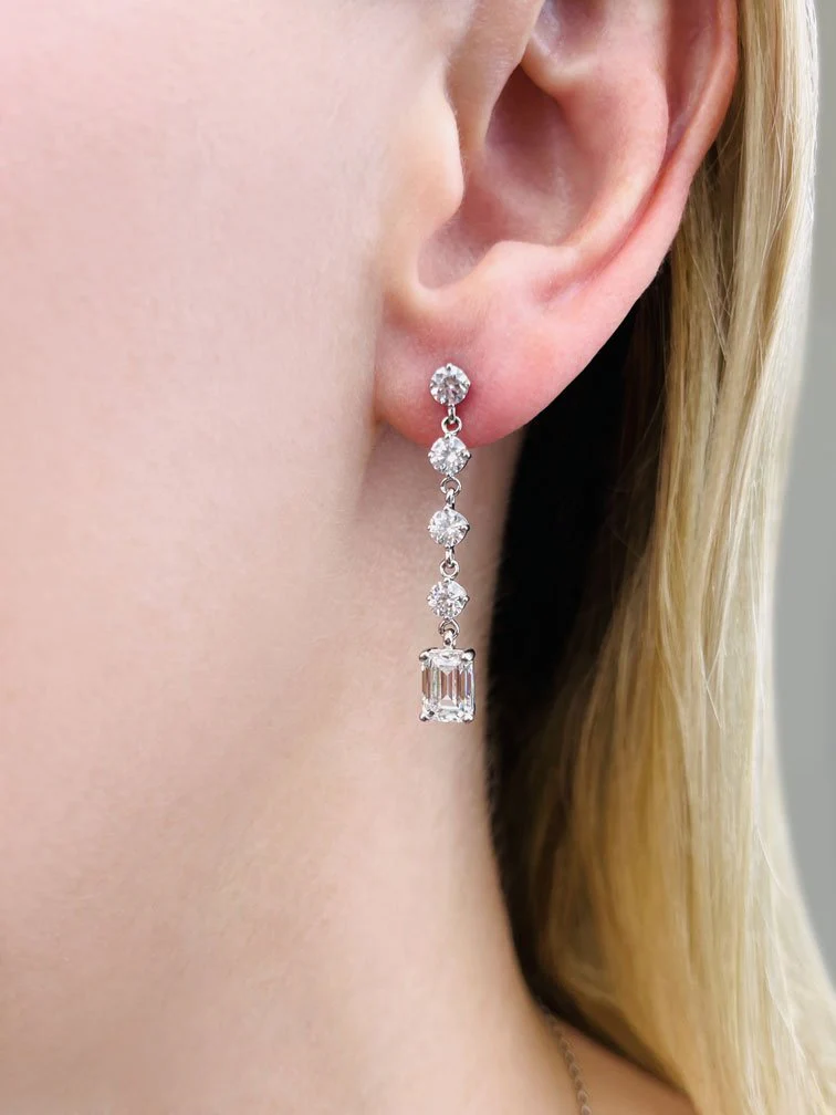 Sparkling Round Drop And Emerald Cut Earrings Lab-Grown Diamond  with 3.68 ct.(finished) 7x5mm, 3.8mm - Image 3