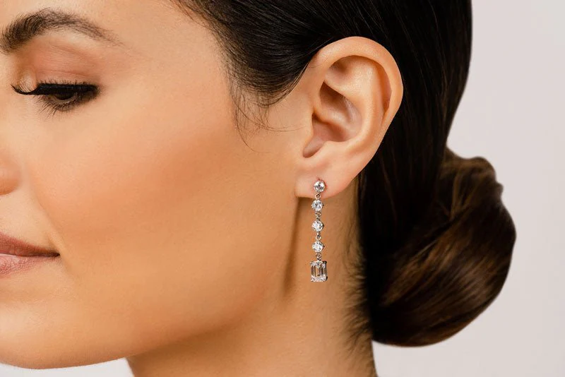 Sparkling Round Drop And Emerald Cut Earrings Lab-Grown Diamond  with 3.68 ct.(finished) 7x5mm, 3.8mm - Image 4