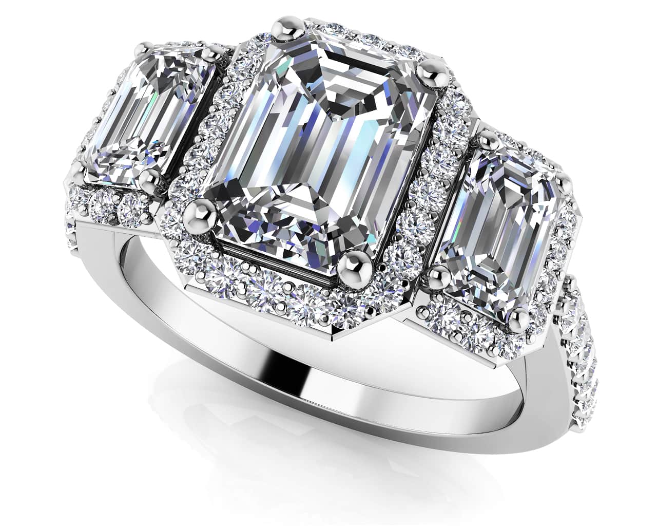 Sparkling Three Stone Emerald Cut Diamond Engagement Ring with 2.91 ct. (1.50 ct. center diamond)