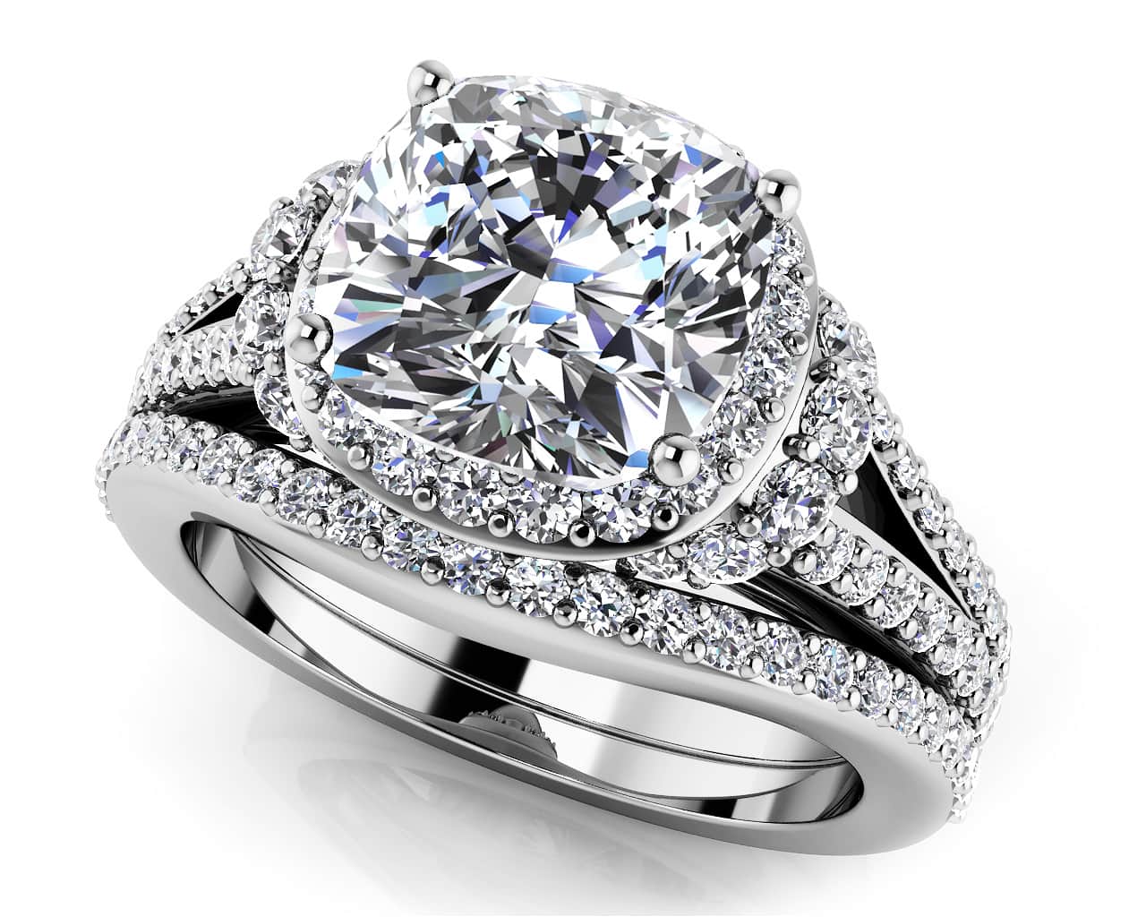 Split Shank Cushion Cut Bridal Set Diamond with 2.40 ct. (1.50 ct. center diamond)