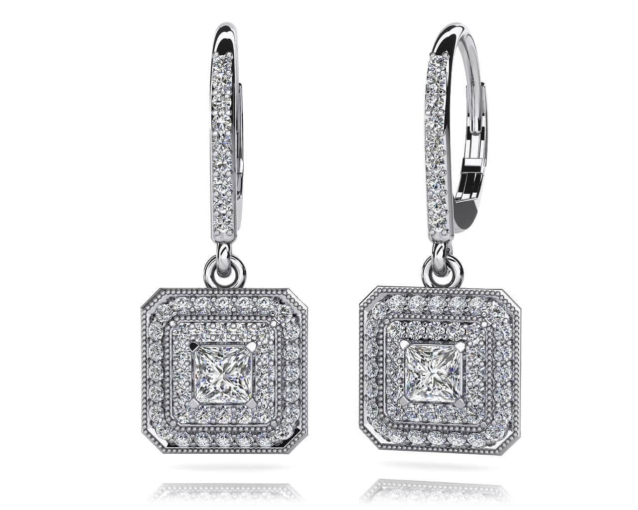 Square Shaped Princess And Round Diamond Earrings with 1.36 ct. (2X0.29 ct. center diamonds)