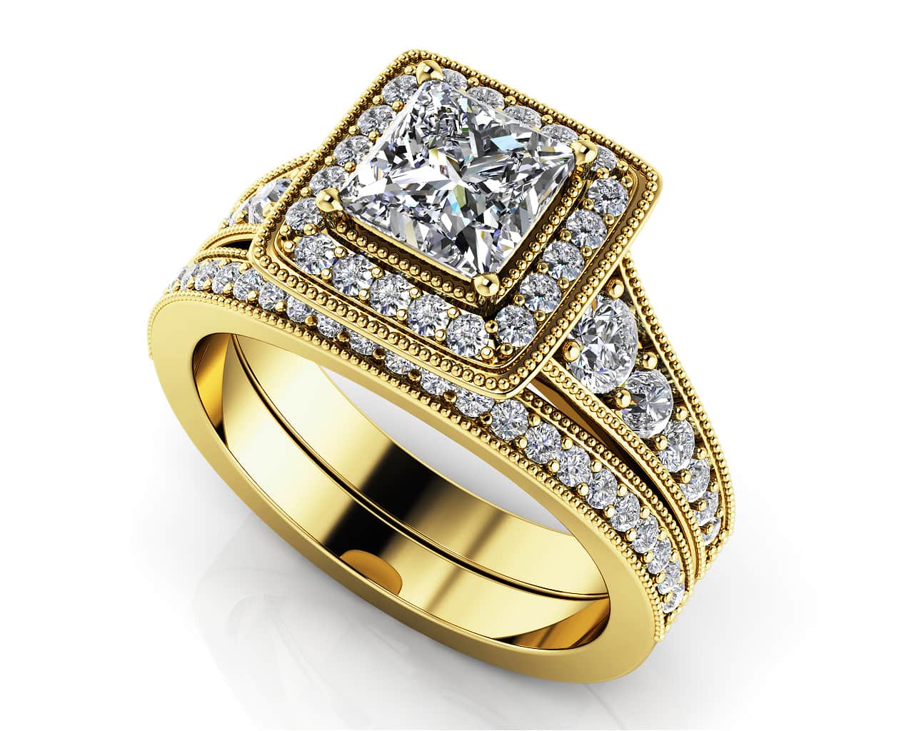 Stunning Halo Princess Cut Bridal Set Diamond  with 1.50 ct. (0.75 ct. center diamond) - Image 2