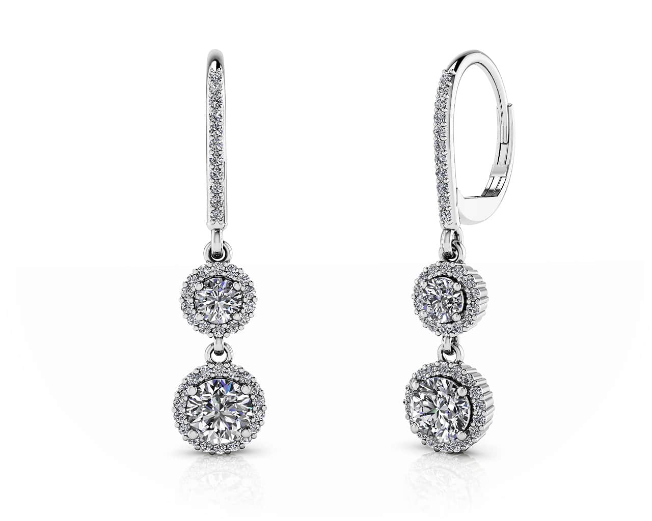 Stylish Graduated Diamond Halo Drop Diamond Earrings with 1.75 ct.(finished) 1mm, 3.5mm, 5mm