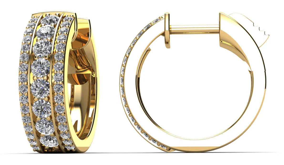 Three Row Brilliant Huggie Diamond Hoop Earrings with 0.85 ct.(finished) 1mm, 2mm - Image 2