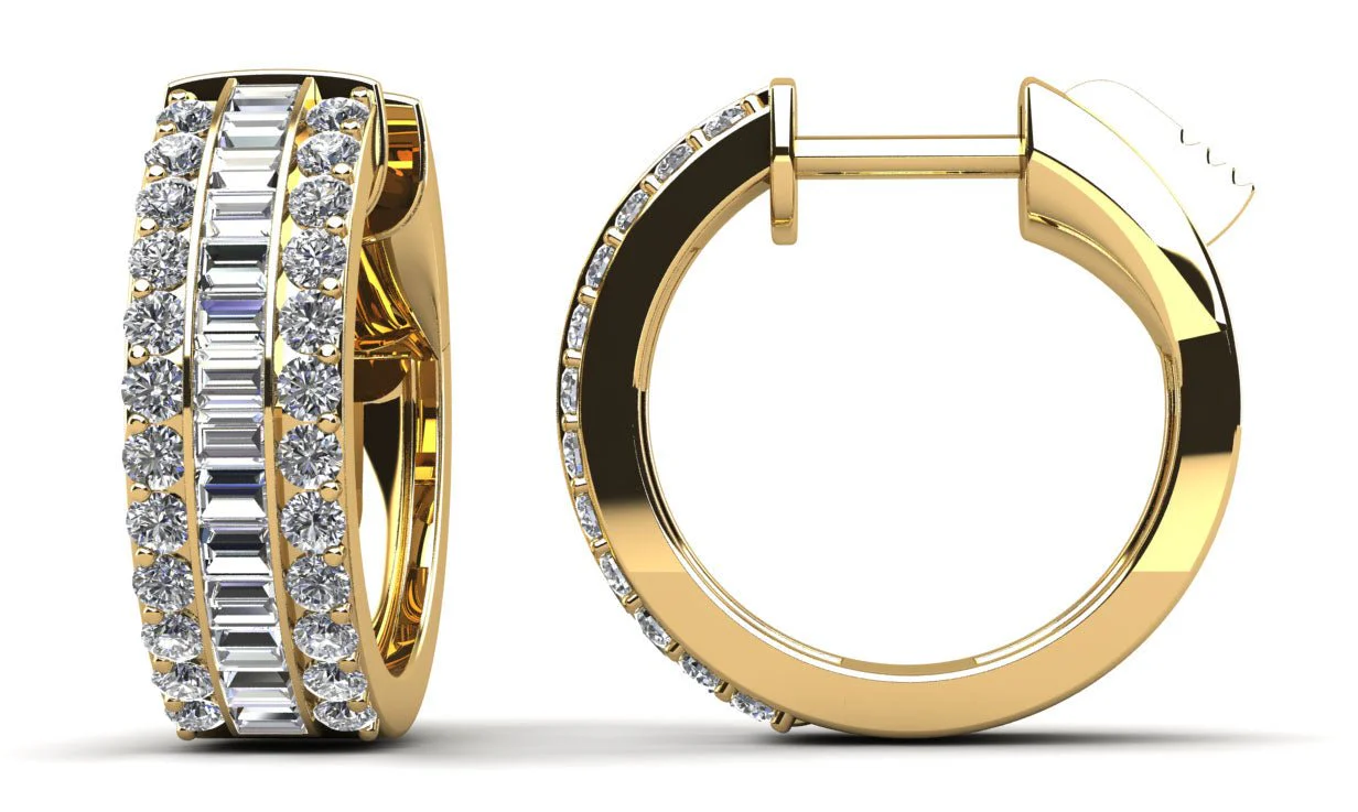 Three Rows Baguette and Round Huggie Diamond Hoop Earrings with 0.90 ct.(finished) 1.7x1.2mm, 1.3mm - Image 2