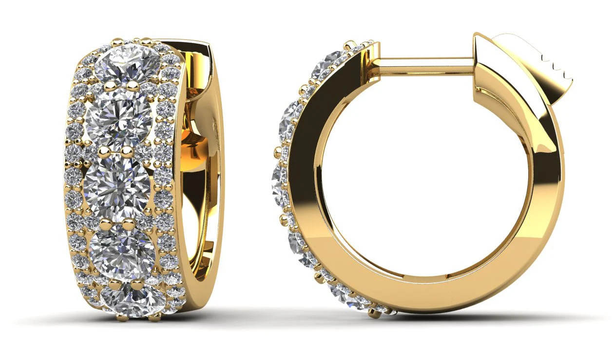 Three Rows Bold and Round Huggie Diamond Hoop Earrings with 2.04 ct.(finished) 1mm, 3.5mm - Image 2