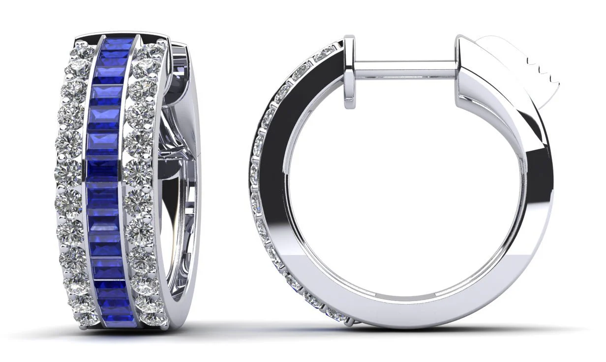 Three Rows Gems Baguette and Diamond Round Huggie Hoops Diamond with 1.04 ct.(finished) 1.75x1.25mm, 1.4mm