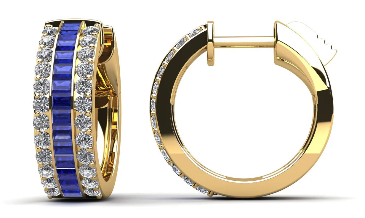 Three Rows Gems Baguette and Diamond Round Huggie Hoops Diamond with 1.04 ct.(finished) 1.75x1.25mm, 1.4mm - Image 2