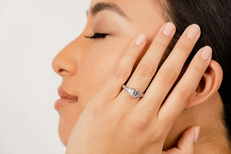 Three Stone Emerald And Princess Lab-Grown Diamond Engagement Ring   with 1.66 ct. (1.00 ct. center diamond) - Image 4