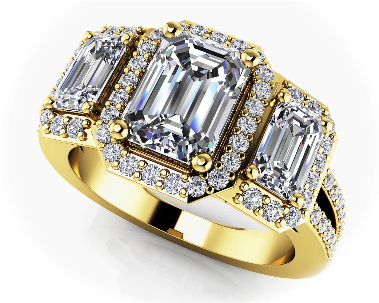 Three Stone Emerald Diamond And Halo Surround Lab-Grown Diamond Ring with 1.29 ct. (0.50 ct. center diamond) - Image 2