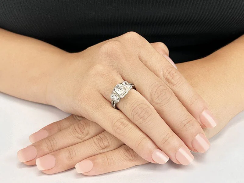 Three Stone Emerald Diamond And Halo Surround Lab-Grown Diamond Ring with 1.90 ct. (1.00 ct. center diamond) - Image 3