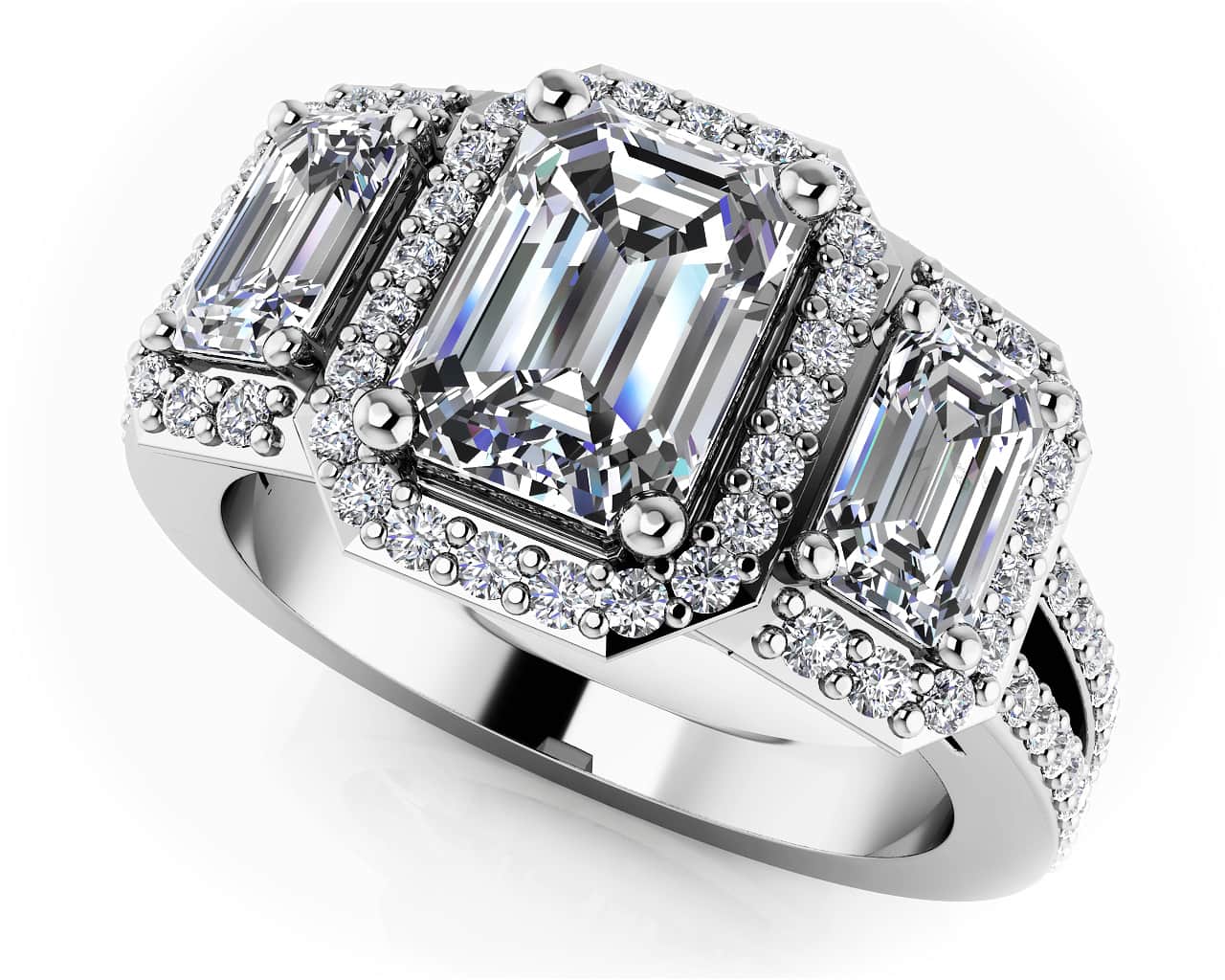 Three Stone Emerald Diamond And Halo Surround Lab-Grown Diamond Ring with 2.92 ct. (1.50 ct. center diamond)