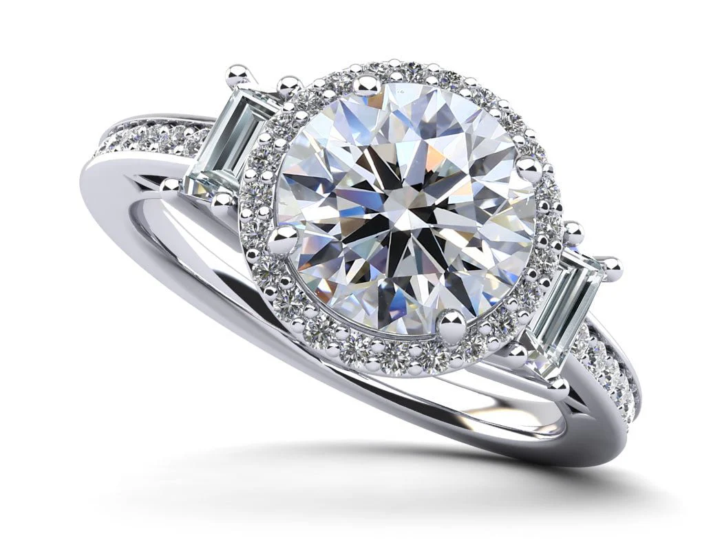 Three Stone Halo with Side Stones Lab-Grown Diamond Engagement Ring with 2.04 ct. (1.50 ct. center diamond)