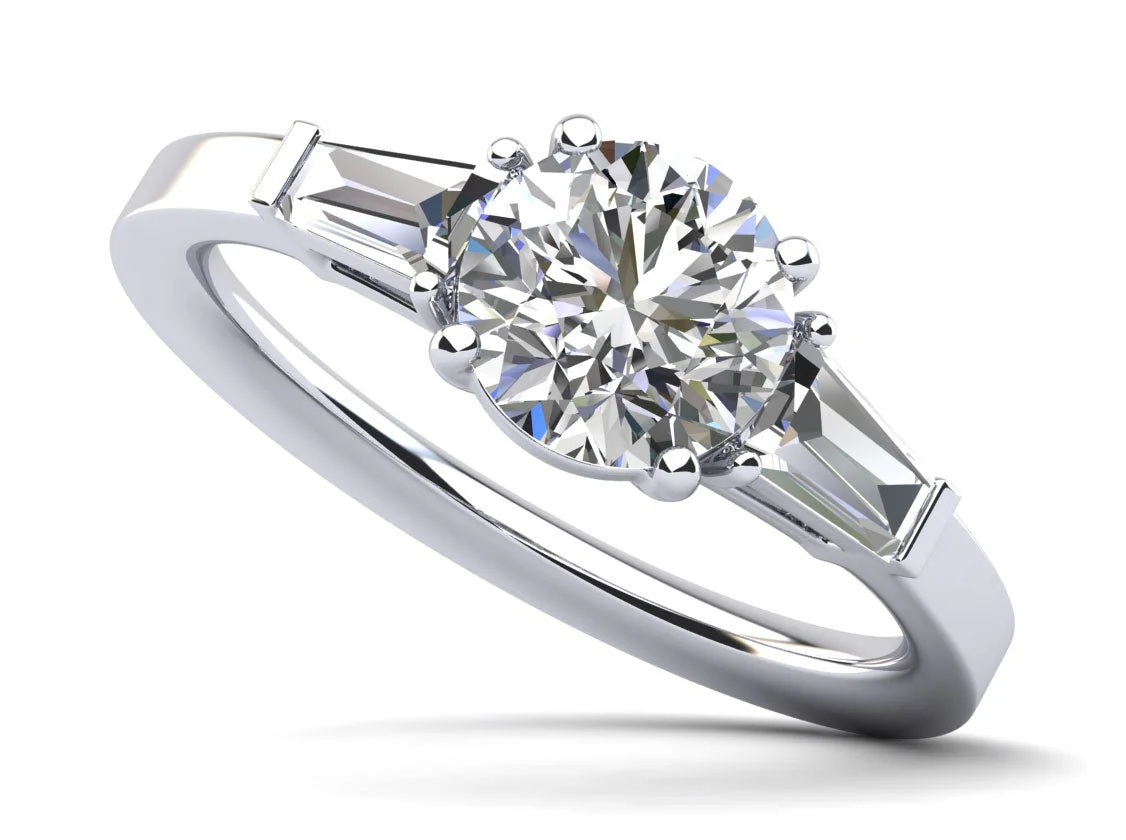Three Stone Round And Baguette Diamond Engagement Ring with 2.70 ct. (2.00 ct. center diamond)